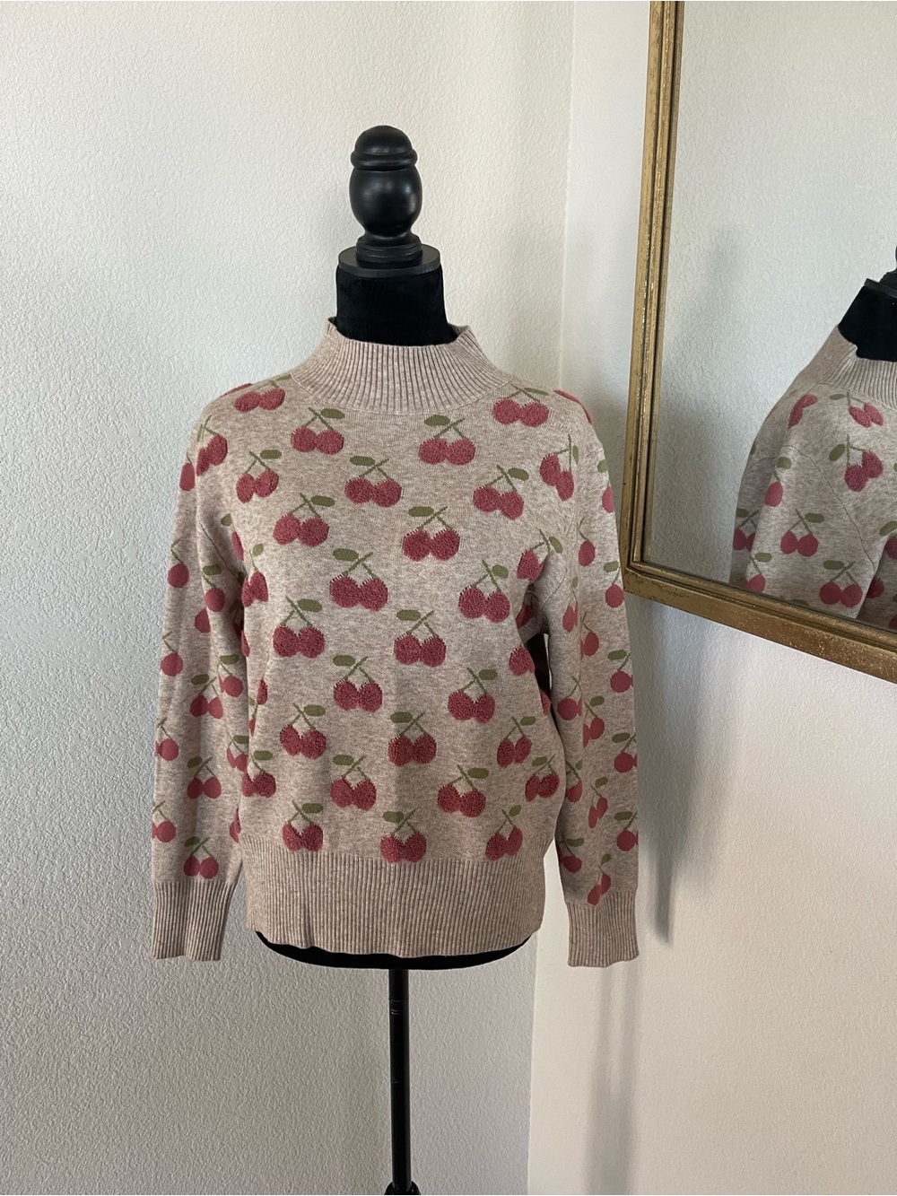 Echo Beige Mock Neck Sweater with Cherry Motif